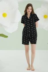NBB %100 Pamuklu Kadın Siyah Düğmeli Şortlu Pijama Takımıı - Thumbnail