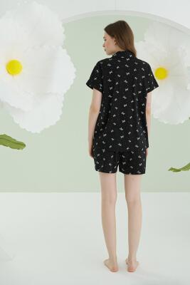 NBB %100 Pamuklu Kadın Siyah Düğmeli Şortlu Pijama Takımıı - 4
