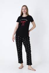 NBB %100 Pamuklu Kadın Siyah Pijama Takım - Thumbnail