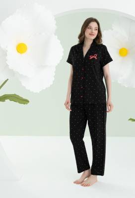 NBB - NBB %100 Pamuklu Kadın Siyah Pijama Takım, Puantiyeli