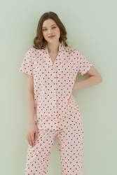 NBB %100 Pamuklu Pembe Çilekli Gömlek Pijama Takım - Thumbnail