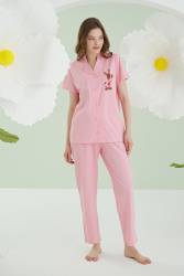 NBB %100 Pamuklu Pembe Gömlek Pijama Takım, Tavşan Resimli - Thumbnail