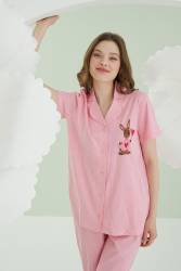 NBB %100 Pamuklu Pembe Gömlek Pijama Takım, Tavşan Resimli - Thumbnail