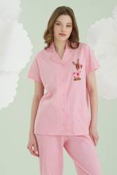 NBB %100 Pamuklu Pembe Gömlek Pijama Takım, Tavşan Resimli - Thumbnail