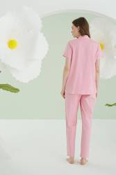 NBB %100 Pamuklu Pembe Gömlek Pijama Takım, Tavşan Resimli - Thumbnail