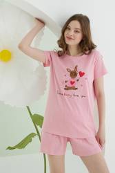 NBB %100 Pamuklu Pembe Şort T-shirt Takım, Tavşan Resimli - Thumbnail