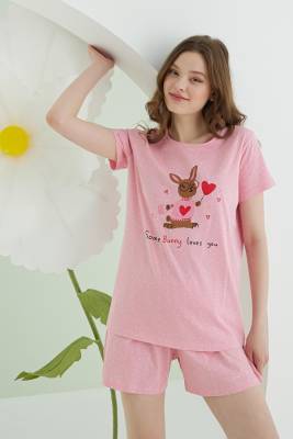 NBB - NBB %100 Pamuklu Pembe Şort T-shirt Takım, Tavşan Resimli
