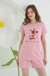 NBB %100 Pamuklu Pembe Şort T-shirt Takım, Tavşan Resimli - Thumbnail