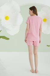 NBB %100 Pamuklu Pembe Şort T-shirt Takım, Tavşan Resimli - Thumbnail