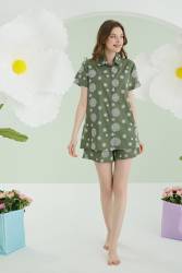 NBB %100 Pamuklu Yeşil Çiçek Desenli Şortlu Önden Düğmeli Pijama Takımı - Thumbnail