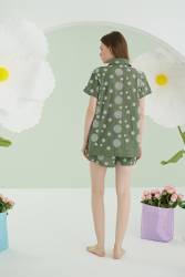 NBB %100 Pamuklu Yeşil Çiçek Desenli Şortlu Önden Düğmeli Pijama Takımı - Thumbnail