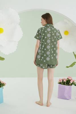 NBB %100 Pamuklu Yeşil Çiçek Desenli Şortlu Önden Düğmeli Pijama Takımı - 4