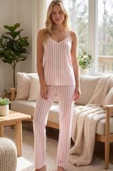 NBB Askılı Pembe Çizgili pamuklu Pijama Takım