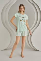 NBB Kadın %100 Pamuklu Mint Yeşil T-shirt Şort Takım, Kedi baskılı - Thumbnail