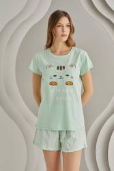 NBB Kadın %100 Pamuklu Mint Yeşil T-shirt Şort Takım, Kedi baskılı - Thumbnail