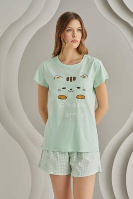 NBB - NBB Kadın %100 Pamuklu Mint Yeşil T-shirt Şort Takım, Kedi baskılı (1)