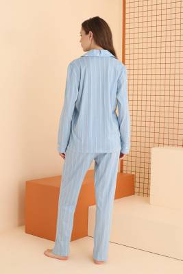 NBB Kadın Çizgili %100 Pamuklu Önden Düğmeli Mevsimlik Pijama Takım - 7