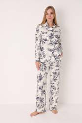 Önden Düğmeli Pijama Takım, %100 Viskon, Uzun kol, cepli - Thumbnail