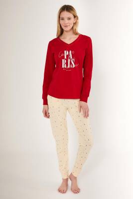 Paris Yazı Baskılı Mevsimlik Kadın Pijama Takım, %100 Pamuklu Uzunkol V Yaka Penye Pijama Takım - 4