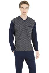 Pierre Cardin %100 Pamuk V Yaka Erkek Pijama Takım, Jakarlı, Uzunkollu, Kutulu - Thumbnail