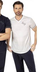 Pierre Cardin %100 Pamuk, V Yaka, Kısakol, Penye Erkek Pijama Takım, Alt Pijama Ceplidir - Thumbnail