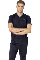 Pierre Cardin %100 Pamuk, V Yaka, Kısakol, Penye Erkek Pijama Takım, Alt Pijama Ceplidir - Thumbnail