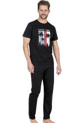 Pierre Cardin %100 Pamuklu Tam Kalıp Pijama Takım, Erkek T-shirt Pantolon Takım, Ceplidir Siyah