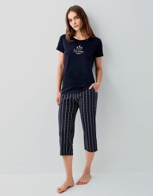 Pierre Cardin Kadın Çizgili Cepli Kapri Pijama Takımı %50 Pamuk %50 Modal – Kısa Kollu Tişört, Rahat Kesim - 2
