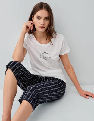 Pierre Cardin Kadın Çizgili Cepli Kapri Pijama Takımı %50 Pamuk %50 Modal – Kısa Kollu Tişört, Rahat Kesim - 5