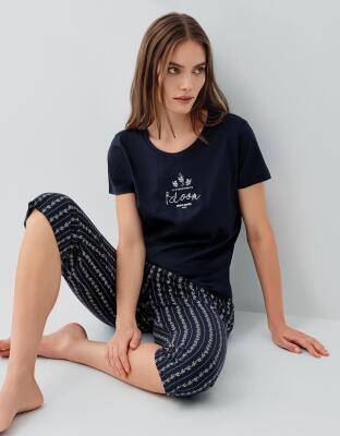 Pierre Cardin Kadın Çizgili Cepli Kapri Pijama Takımı %50 Pamuk %50 Modal – Kısa Kollu Tişört, Rahat Kesim - 1