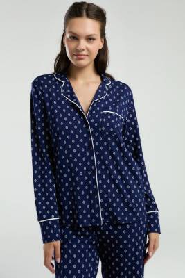 Pierre Cardin - Pierre Cardin Boydan Düğmeli, Uzunkol Desenli Pijama Takım, Kutulu Çeyizlik Pijama Takım, %96 Viskon %4Elastan