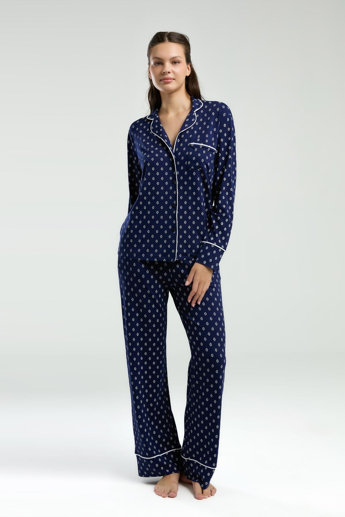 Pierre Cardin Boydan Düğmeli, Uzunkol Desenli Pijama Takım, Kutulu Çeyizlik Pijama Takım, %96 Viskon %4Elastan