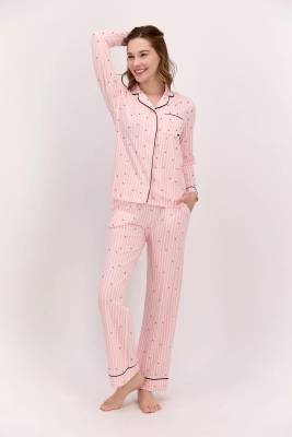 Pierre Cardin - Pierre Cardin Çeyizlik Kadın Pijama Takım, %100 Pamuk Uzun Kol Boydan Düğmeli