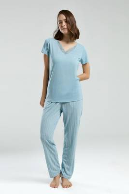 Pierre Cardin - Pierre Cardin Dantelli Geniş V Yaka Kısakol Cepli Pijama Takım