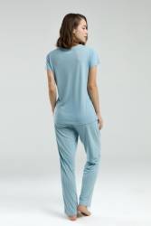 Pierre Cardin Dantelli V Yaka Mavi Büyük Beden Pijama, Alt Cep Detaylı - Thumbnail