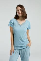 Pierre Cardin Dantelli V Yaka Mavi Büyük Beden Pijama, Alt Cep Detaylı - Thumbnail