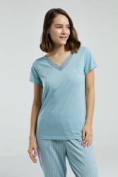 Pierre Cardin Dantelli V Yaka Mavi Büyük Beden Pijama, Alt Cep Detaylı - Thumbnail