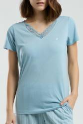 Pierre Cardin Dantelli V Yaka Mavi Büyük Beden Pijama, Alt Cep Detaylı - Thumbnail