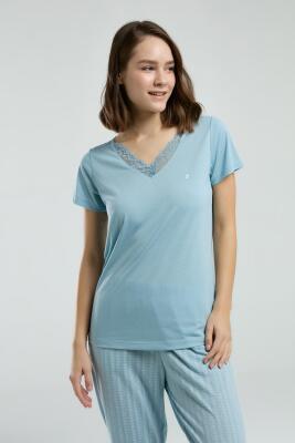 Pierre Cardin Dantelli V Yaka Mavi Büyük Beden Pijama, Alt Cep Detaylı - 3