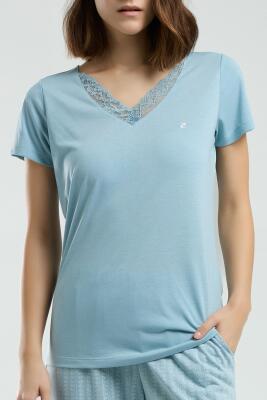 Pierre Cardin Dantelli V Yaka Mavi Büyük Beden Pijama, Alt Cep Detaylı - 4