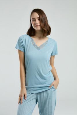 Pierre Cardin Dantelli V Yaka Mavi Büyük Beden Pijama, Alt Cep Detaylı - 2