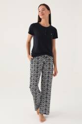 Pierre Cardin Geometrik Desenli Düğmeli Yaka Yazlık Pijama Takımı - Thumbnail