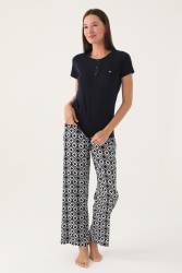 Pierre Cardin Geometrik Desenli Düğmeli Yaka Yazlık Pijama Takımı - Thumbnail