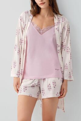 Pierre Cardin Kadın 3’lü Kutulu Pijama Takımı %50 Pamuk %50 Modal – Askılı Atlet, Cepli Şort ve Sabahlık, Tam Kalıp - 9