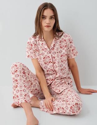 Pierre Cardin Kadın %50 Pamuk %50 Modal Kadın Düğmeli Pijama Takımı – Kısa Kollu, Desenli, Kutulu Ambalaj - 1