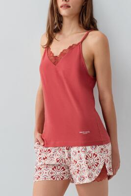 Pierre Cardin Kadın %50 Pamuk %50 Modal Kadın Şortlu Pijama Takımı – Askılı Dantel Detaylı Üst, Desenli Alt - 3