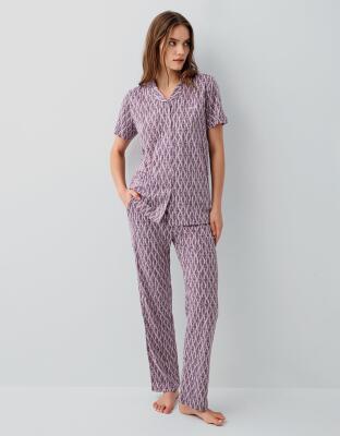 Pierre Cardin Kadın %50 Pamuk %50 Modal Kutulu Gömlek Pijama Takımı – Düğmeli Kısa Kollu Üst ve Desenli Pijama Alt, Cep Detaylı  - 2