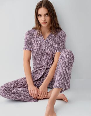 Pierre Cardin Kadın %50 Pamuk %50 Modal Kutulu Gömlek Pijama Takımı – Düğmeli Kısa Kollu Üst ve Desenli Pijama Alt, Cep Detaylı - 1