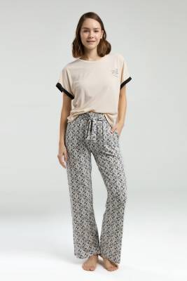 Pierre Cardin - Pierre Cardin Kadın Açık Bej Pijama Takım, Kısakol, Yuvarlak Yaka, Cep Detaylı