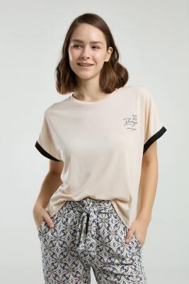 Pierre Cardin Kadın Açık Bej Pijama Takım, Kısakol, Yuvarlak Yaka, Cep Detaylı - 3